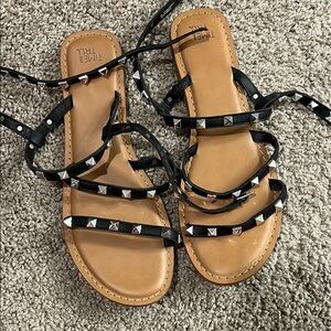 Time and Tru Black and Tan Studded Sandals